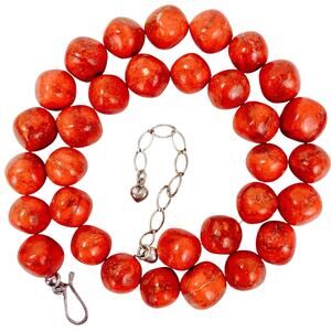 Genuine Natural Sponge Coral Sterling Silver Hook Necklace Red Orange Beads VTG